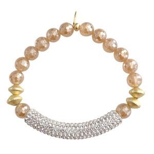 Stretch Bracelet Blush Agate Stone Beads & Crystal Rhinestone Bar NEW